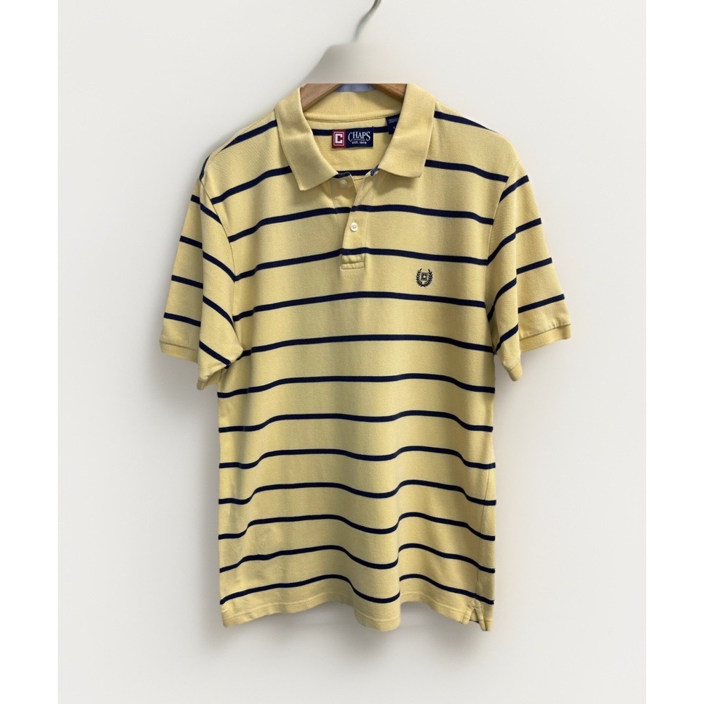 EUC Chaps Men's L Polo Shirt‎ Yellow Navy Striped Crest Logo Classic-Fit